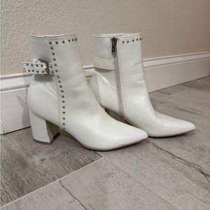 Olivia + Kate White Ankle Boots with Sleek Block Heel